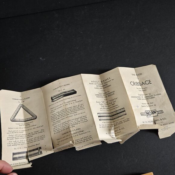 VINTAGE 1941 HORN Solid Wood Hinged Cribbage Board 4 Pegs Instructions Box USA - Picture 12 of 16
